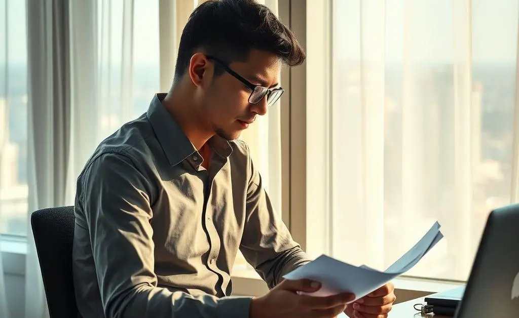 A person sitting by a window, thoughtfully looking at financial reports.