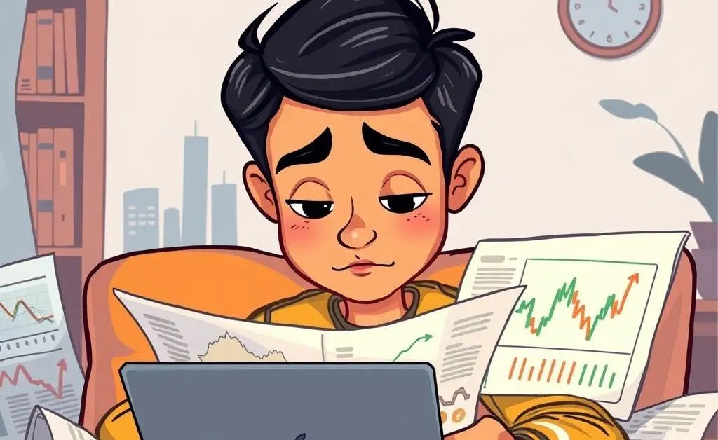 A cartoon of a person reading financial news with a pensive expression.