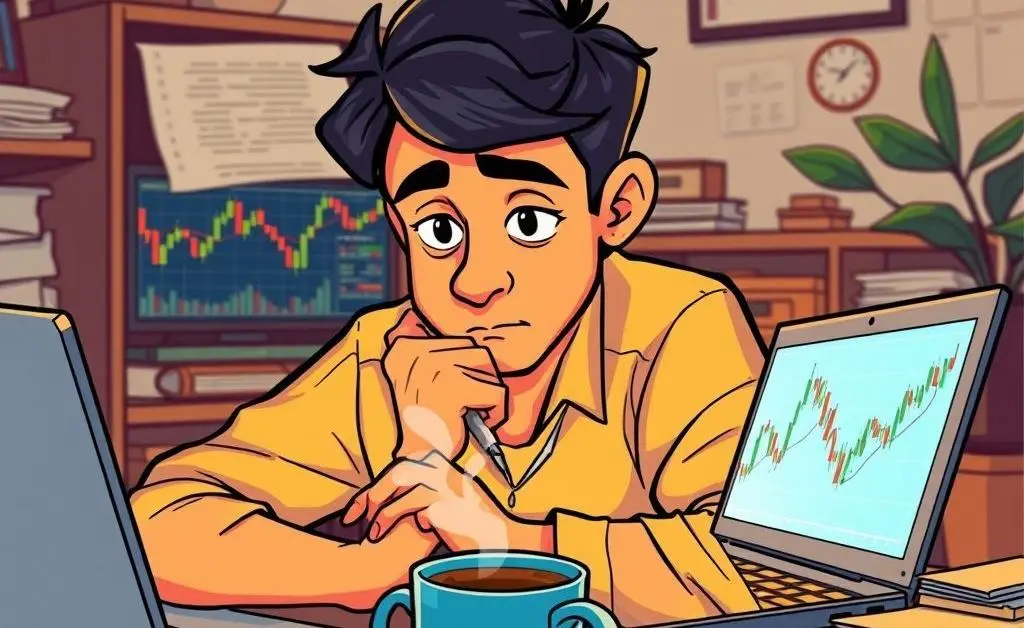 Person thoughtfully analyzing investment charts at a desk