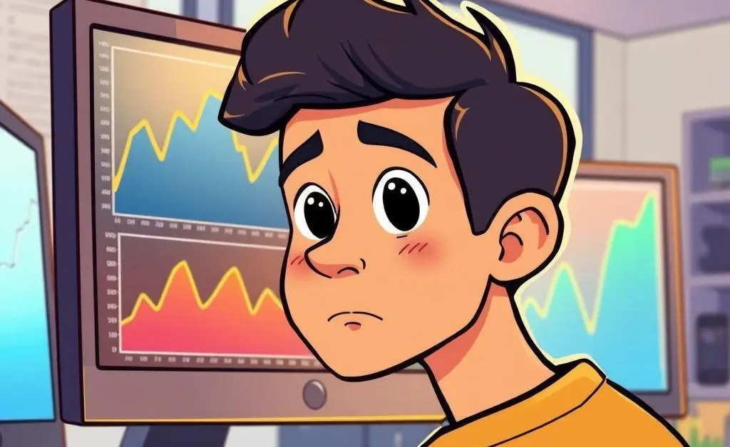 A cartoon-style image of a person thoughtfully looking at a computer screen with market graphs.