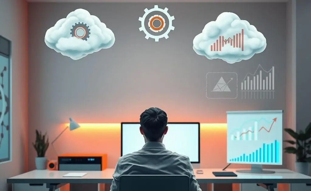 Person sitting thoughtfully at a desk, surrounded by symbol clouds like AI, gears, and graphs.
