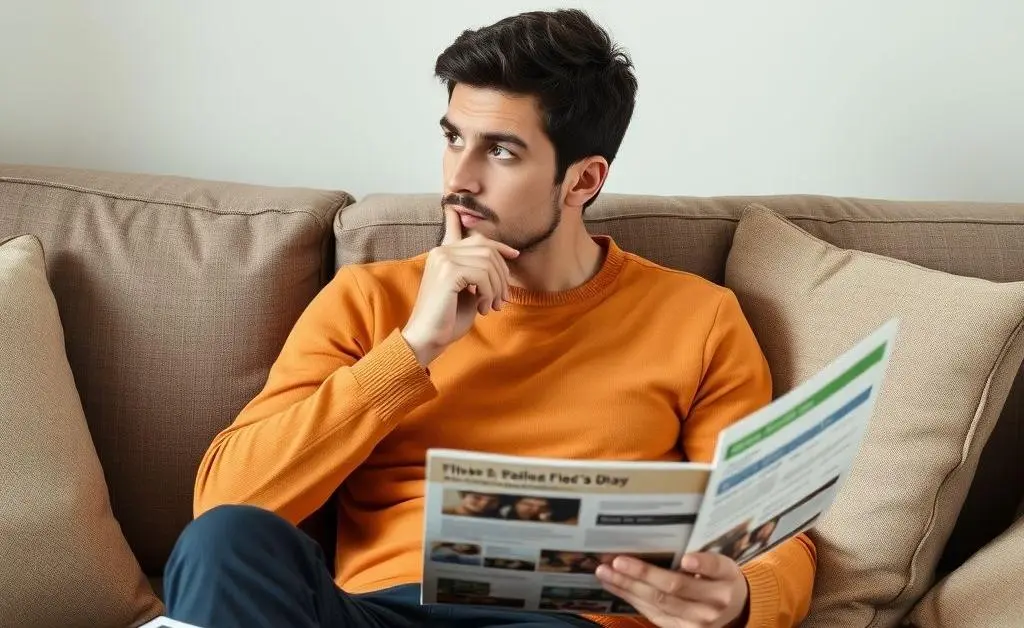 A person sitting thoughtfully on a couch, surrounded by financial brochures.