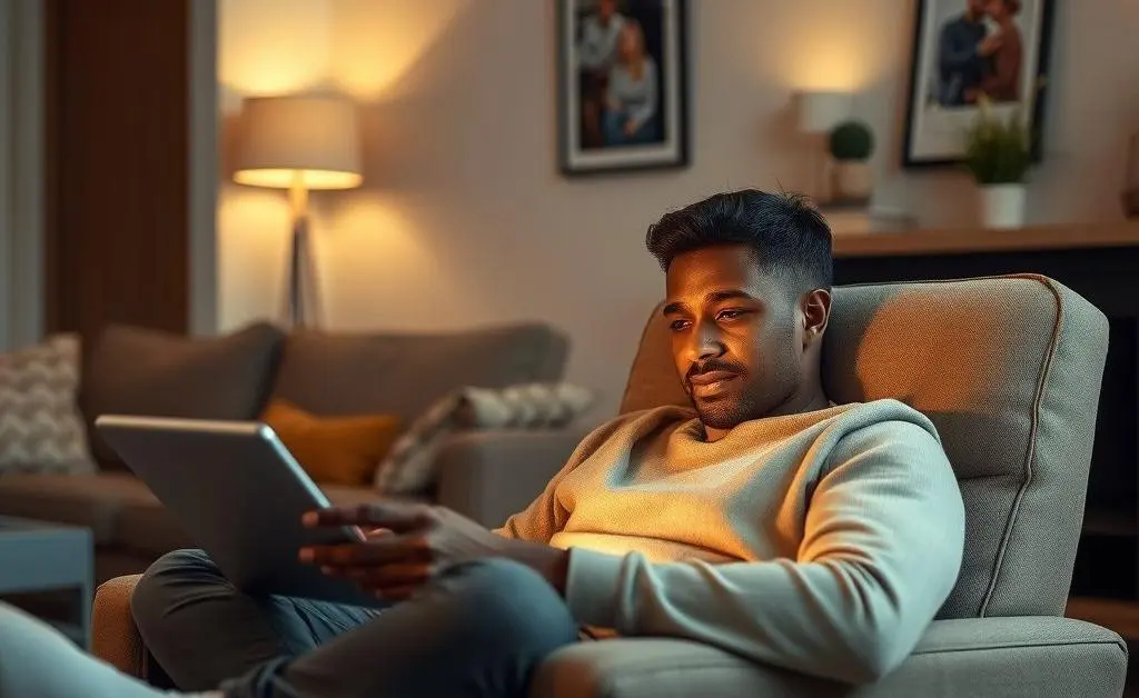 A person sitting in a chair engaging with an online discussion on their tablet.