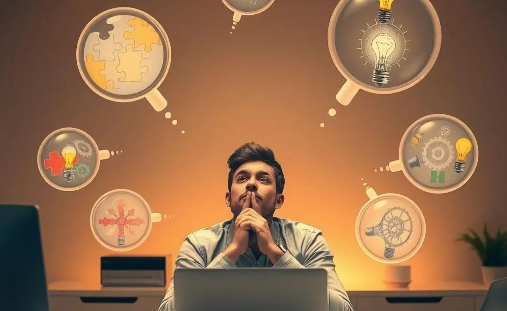 A person at a desk with idea bubbles indicating resolution building