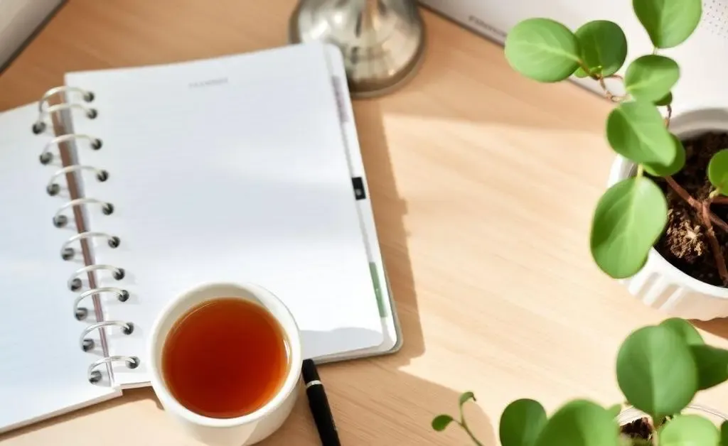 Cozy desk setup with planner, tea, and plant.