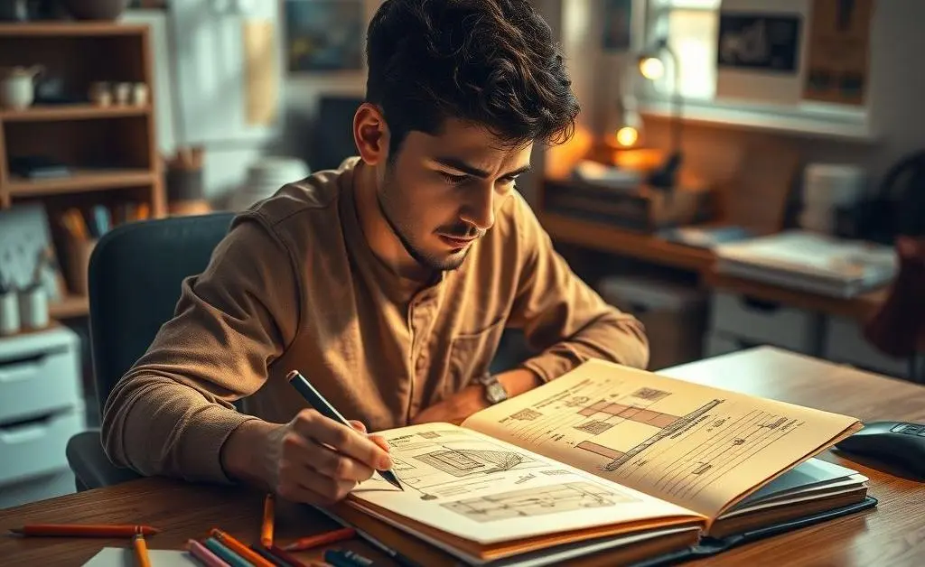 A person thoughtfully planning a portfolio on a sketchpad