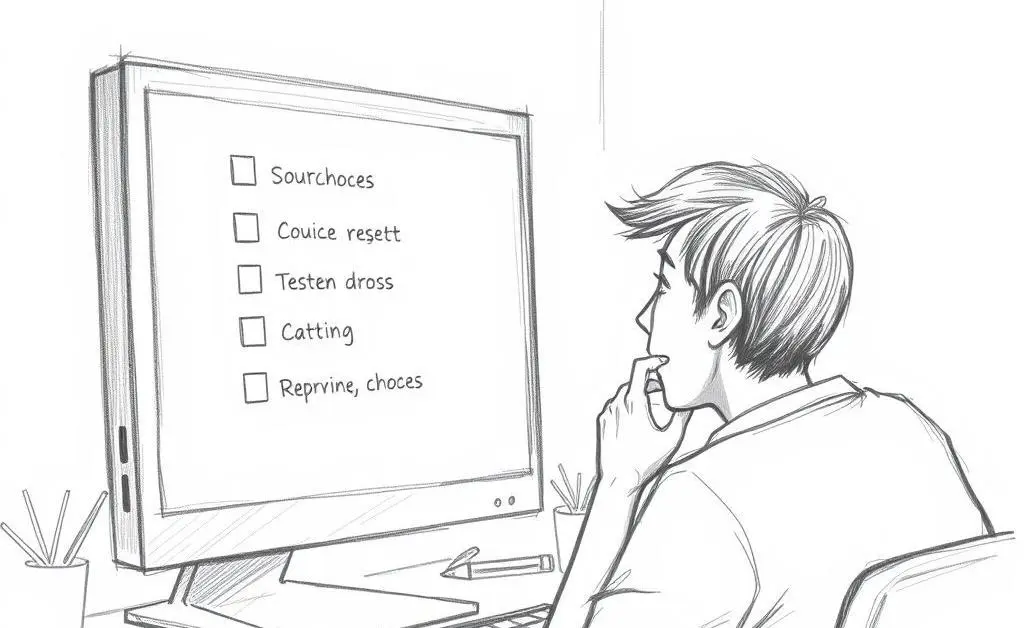 A hand-drawn style image of a person thoughtfully looking at their options displayed on a computer screen.
