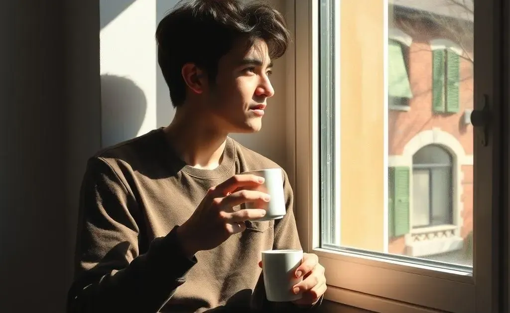 A person sitting by a window, sipping coffee, pensively looking outside.
