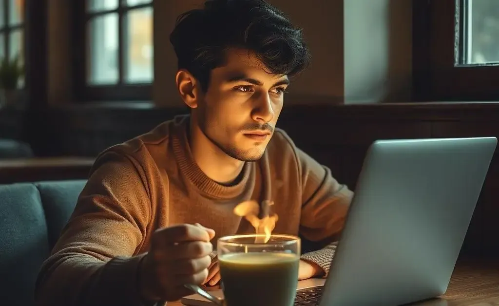 A person reflecting thoughtfully while sitting with a laptop and a cup of tea.