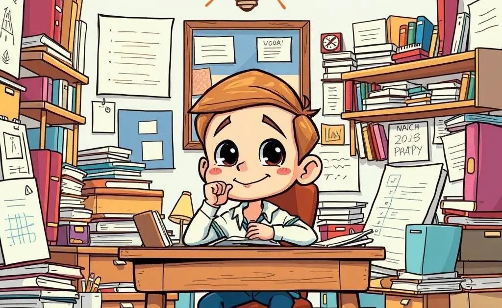 A cartoon character pondering at a desk