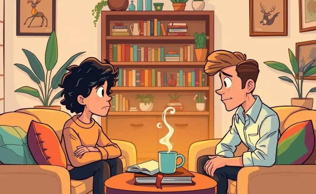 Two people talking seriously in a living room