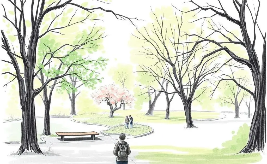 Person walking in a park surrounded by nature