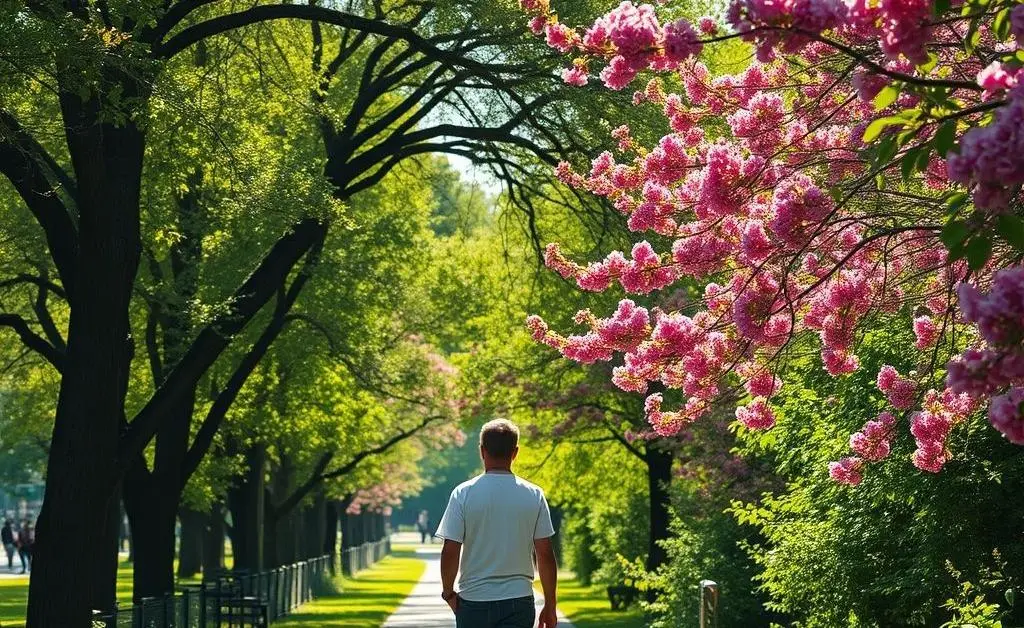 A person walking through a park on a sunny day.