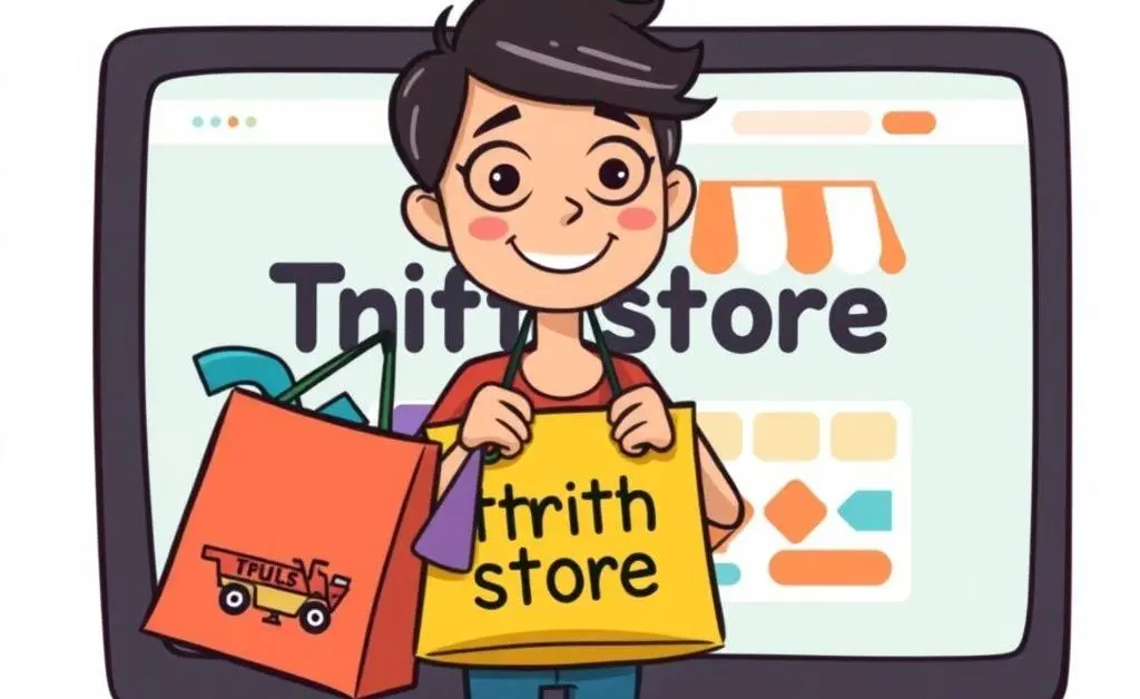 Person holding thrift store items with online shopping in background
