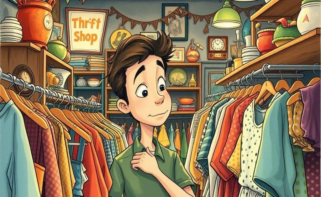 Illustration of a person thrift shopping, examining clothes in a whimsical store setting.