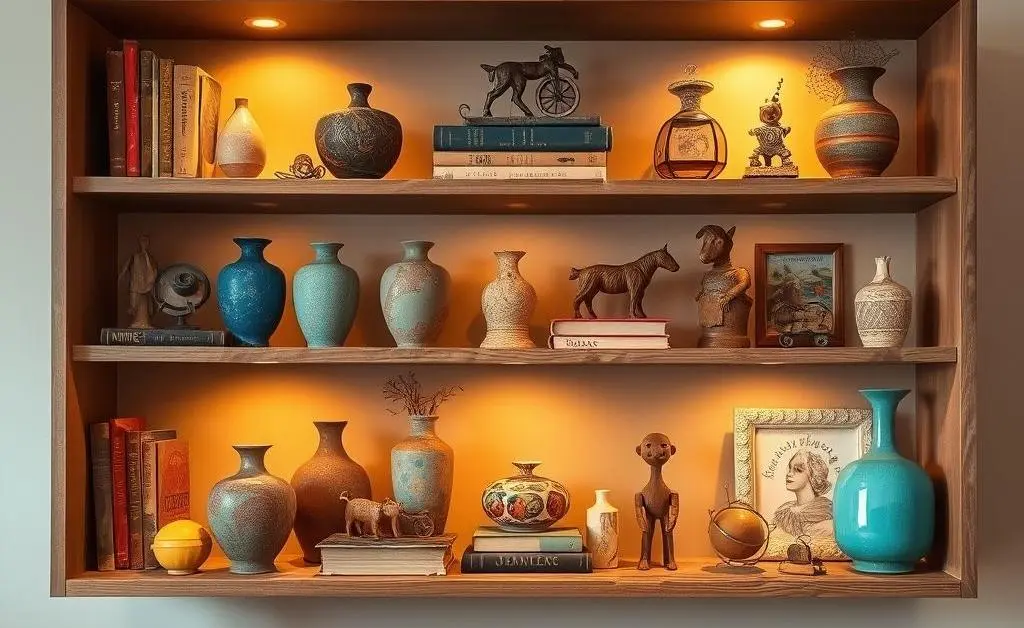 A stylish shelf filled with thrift-store finds and creatively repurposed objects