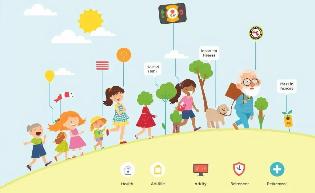 Cartoon-style timeline of life's milestones with corresponding insurance options