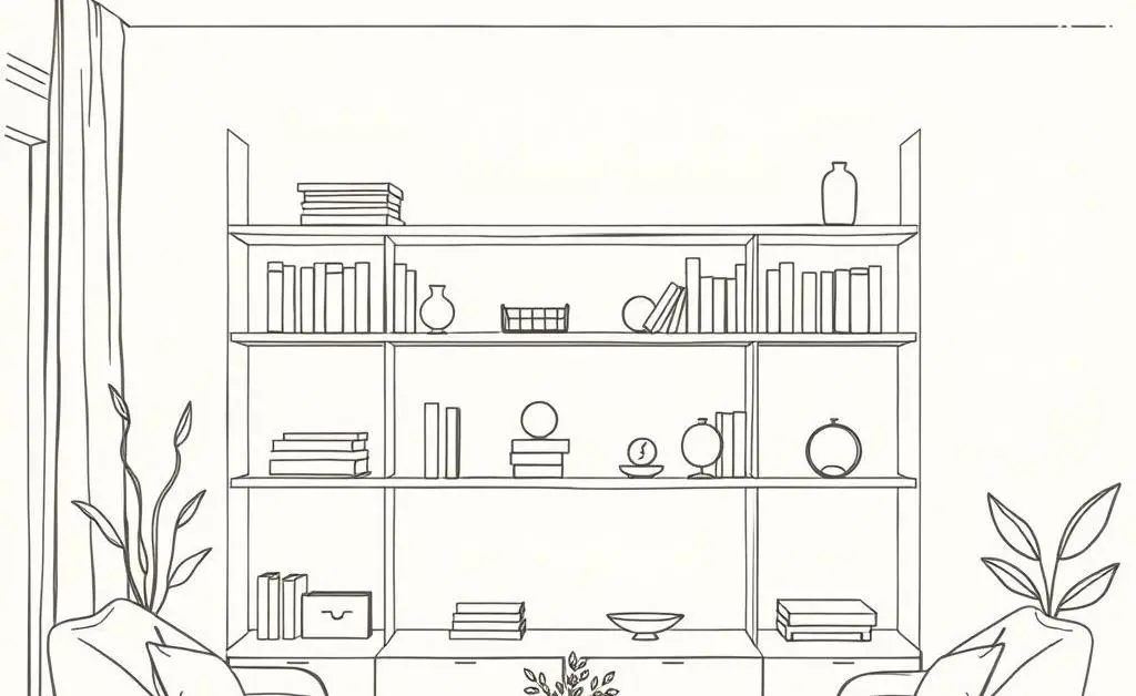 A minimalist hand-drawn image of a well-organized bookshelf in a living room.