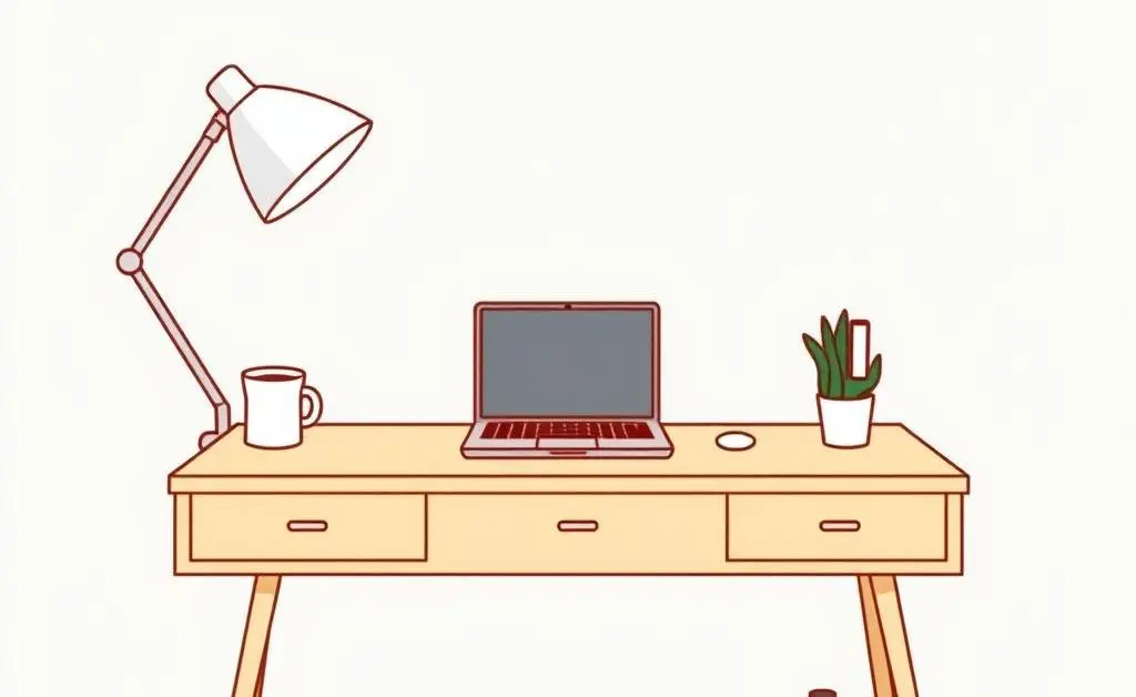 A minimalist cartoon-style workspace with a tidy desk, laptop, and coffee mug.