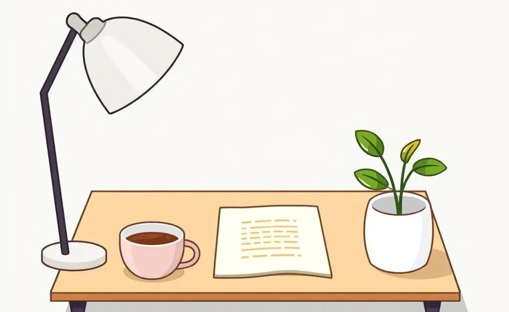A minimalist, cartoon-style tidy workspace with a cup of coffee and a plant.
