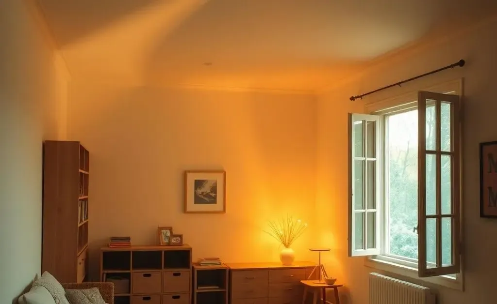 A cozy room with soft lighting, showcasing a tidy space and an open window.
