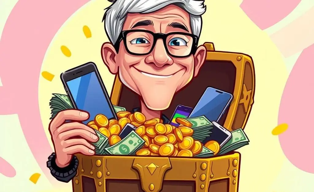 Cartoon-style portrait of Tim Cook holding a treasure chest, filled with money and digital devices.