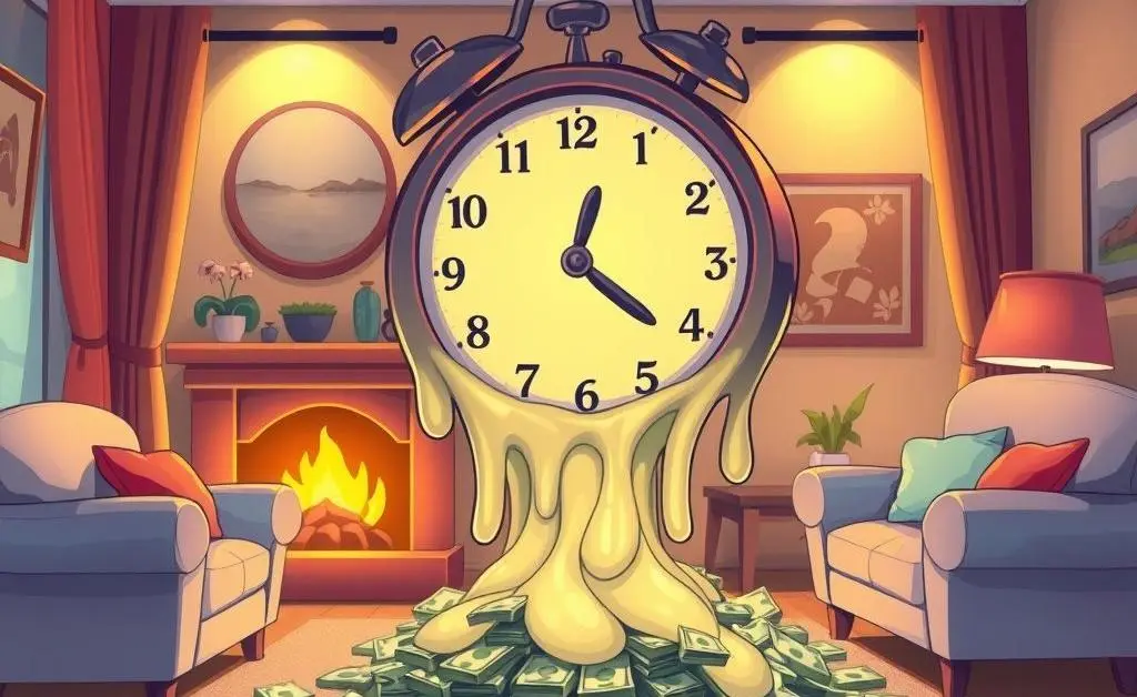 Cartoon clock melting over money and a cozy room