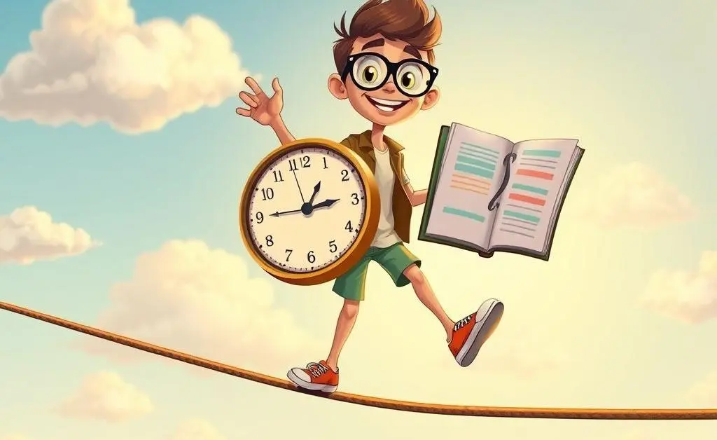 A cartoon depicting someone balancing on a tightrope carrying a clock and planner.