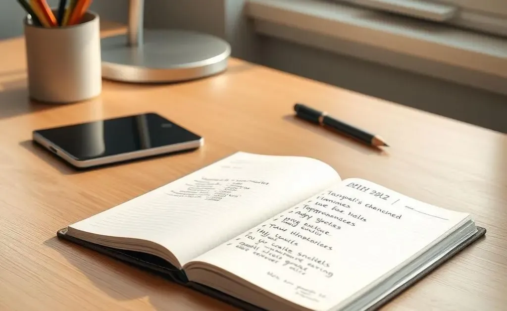 A neatly organized desk with a notepad listing daily schedules and goals.