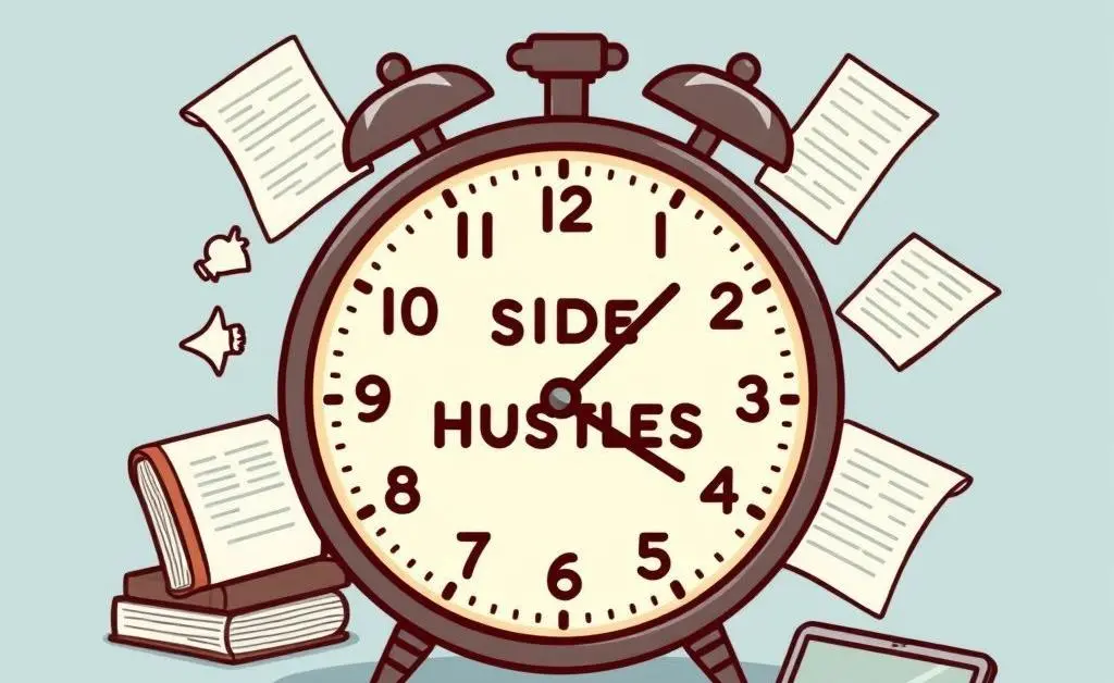 Cartoon illustration of a clock surrounded by various side hustle symbols