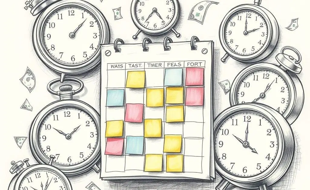 Calendar surrounded by clocks and dollar bills, symbolizing time management in investing