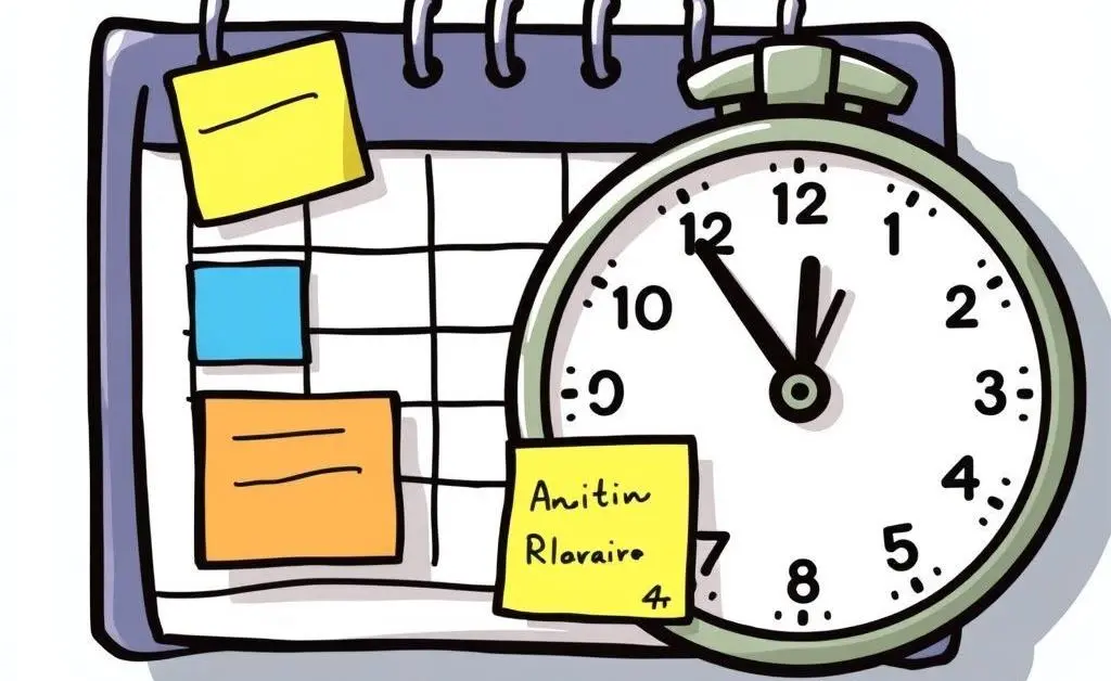 Depiction of a calendar and clock with sticky notes for time management