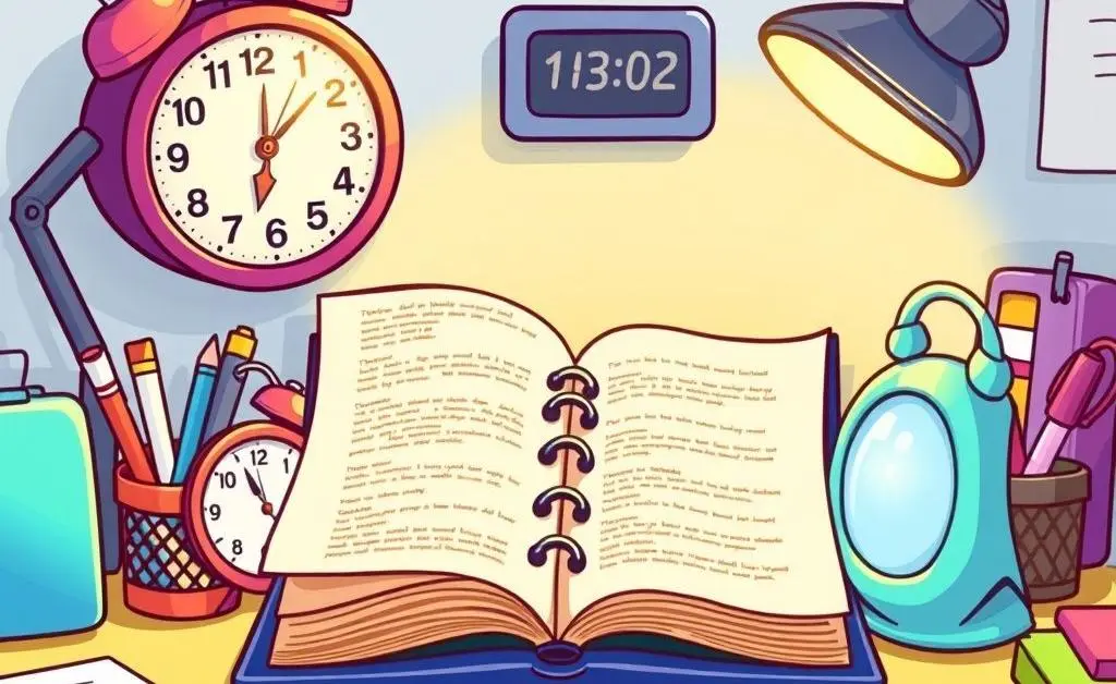 A desk with various time management tools like a planner and a clock