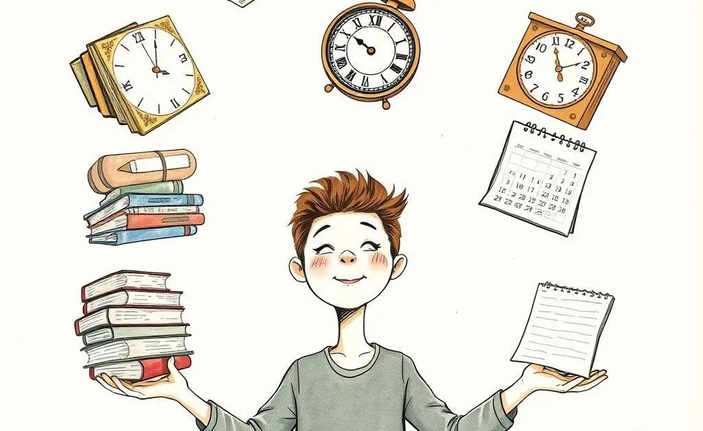 Illustration of a person juggling books, a clock, and a calendar.
