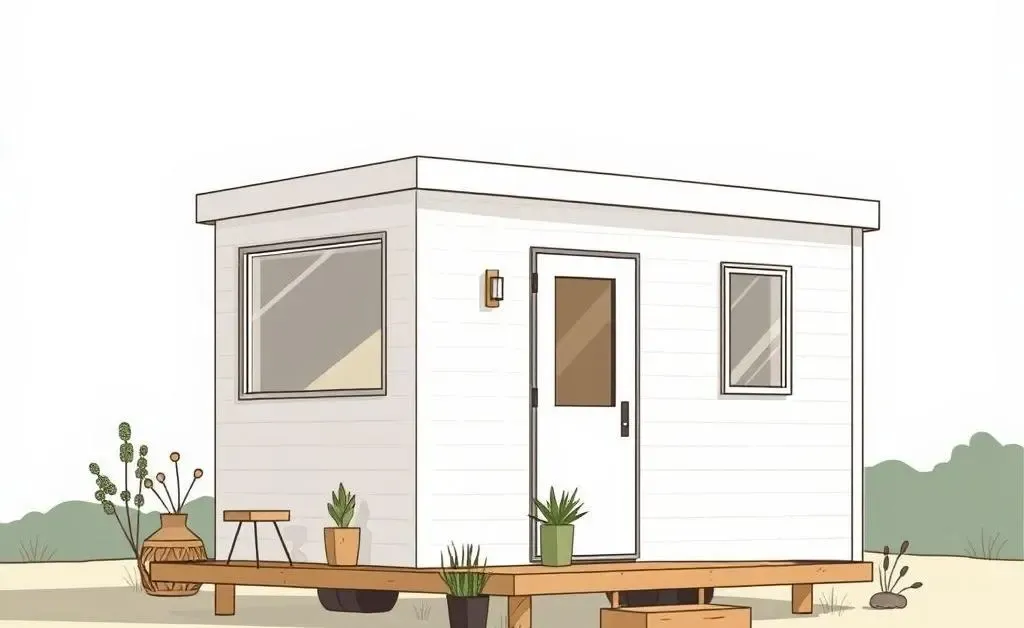 A clean and modern drawing of a tiny home, representing minimalist living for new homeowners.