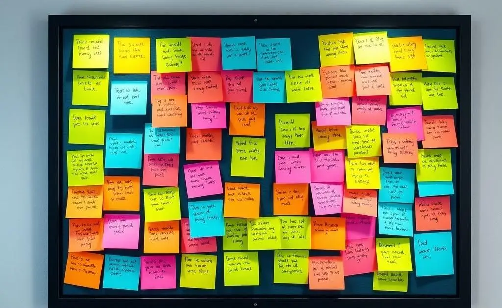 A digital bulletin board filled with sticky notes featuring tips and insights.