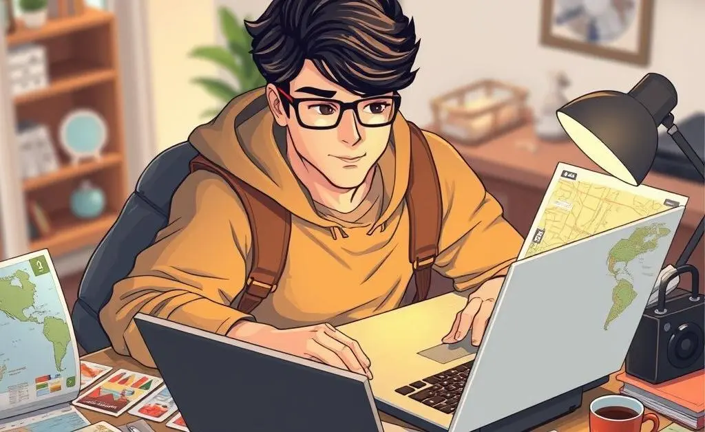 Illustration of a traveler planning a budget-friendly trip on a laptop.