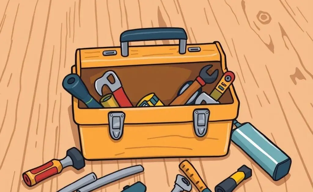 A cartoon-style illustration of a toolbox and scattered tools on a hardwood floor.
