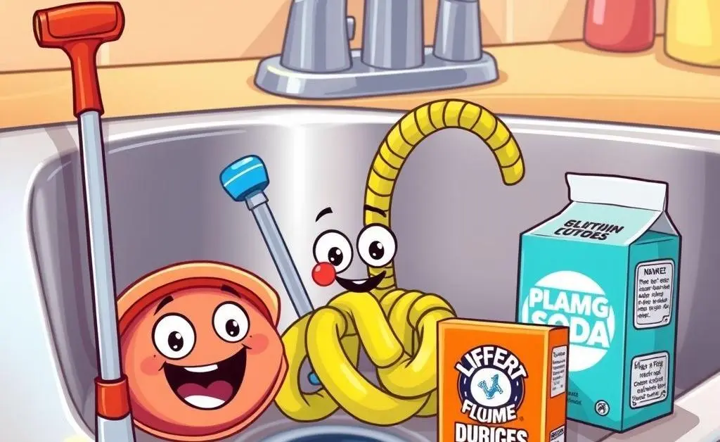 Tools for drain cleaning including a plunger and baking soda