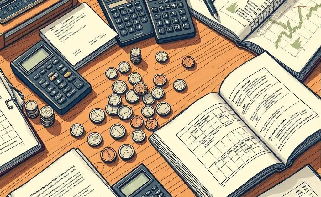 Hand-drawn image of various financial tools and books on a desk, with coins and calculators.