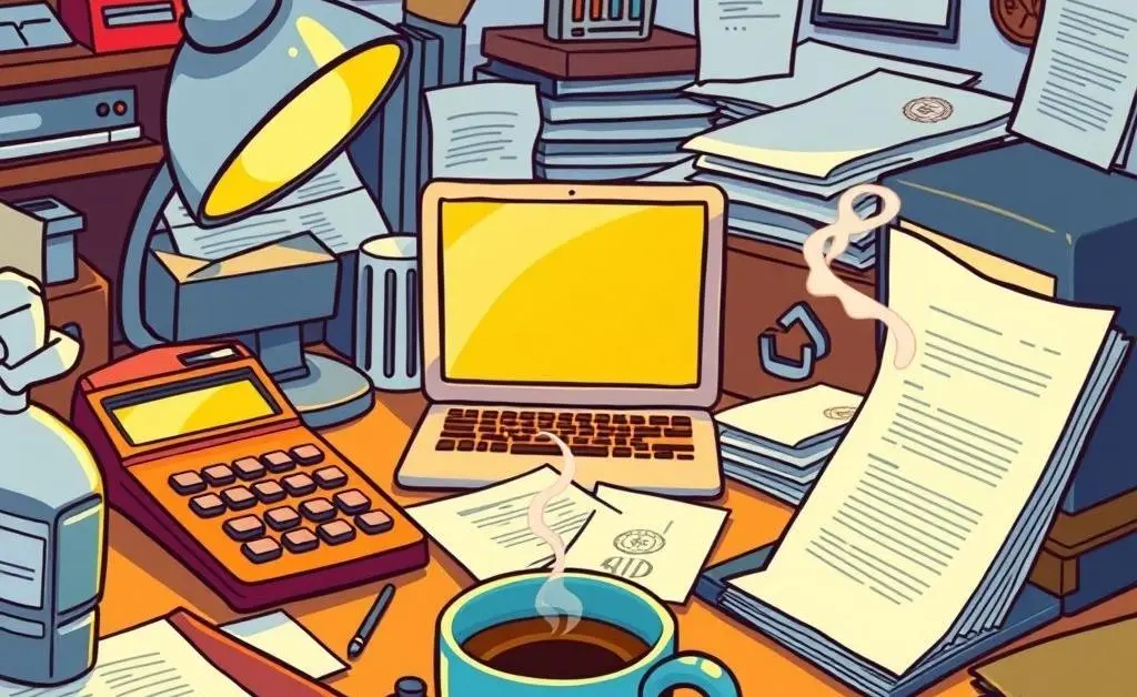 A desk filled with tools of the insurance trade: calculator, computer, policy documents, and a cup of coffee in cartoon style.
