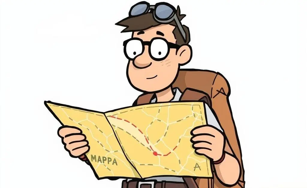 Cartoon of a tourist calmly examining a map, symbolizing the journey rather than the destination.