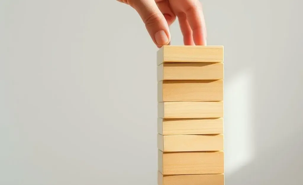 A hand knocking over a carefully stacked tower of blocks