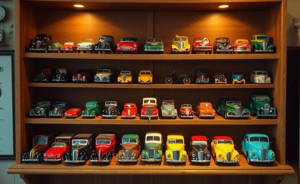 A shelf full of vintage toy cars, neatly organized by size.