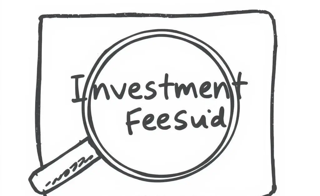 Hand-drawn image of a magnifying glass hovering over a document labeled 'Investment Fees Guide'.