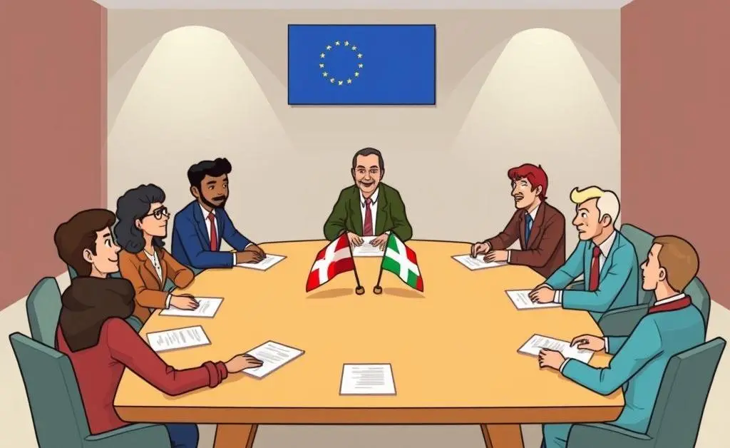 Cartoon-style image of people from different countries discussing trade agreements around a large table.