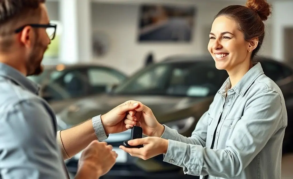 A happy car owner handing over keys for a trade-in to a dealership