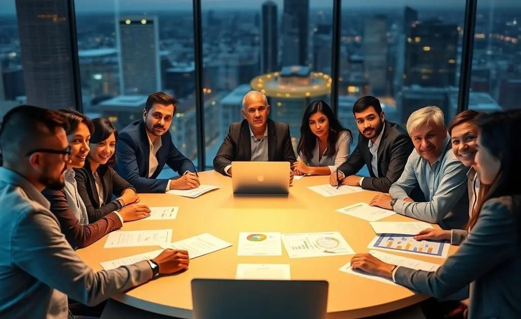 A group of diverse people sitting around a table, with papers and a laptop, representing trade negotiations.
