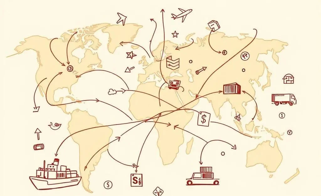 A hand-drawn illustration showing the flow of global trade with arrows and icons representing import, export, and exchange.