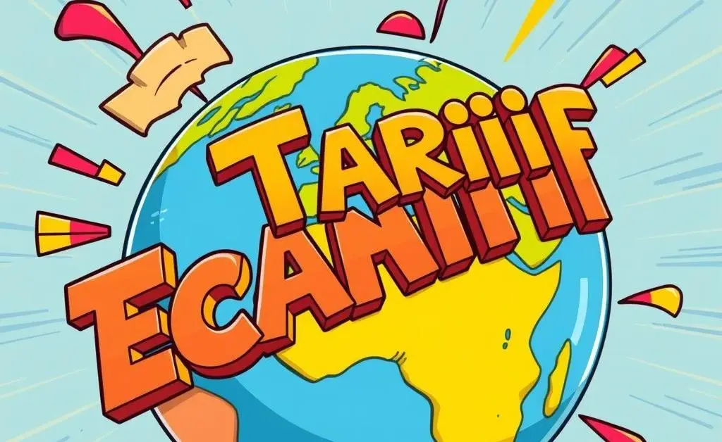 Cartoon words like 'Trade', 'Tariff', and 'Economy' bouncing around the globe